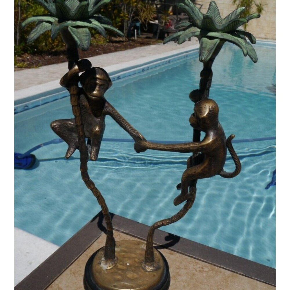 Large Solid Brass Monkeys Climbing Palm Trees Double Candle Holder 13.75" Tall